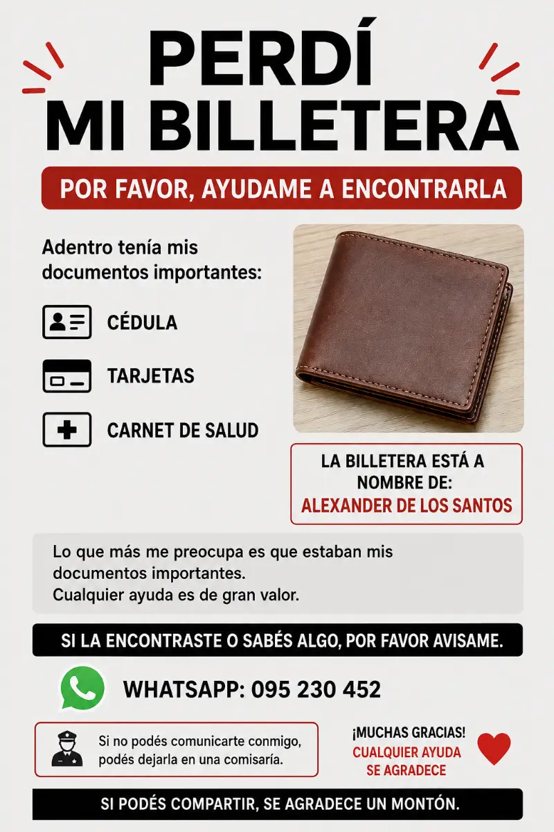 Mi pareja perdió sus documentos y en este momento son muy importantes, agradecemos de su ayuda🙏
